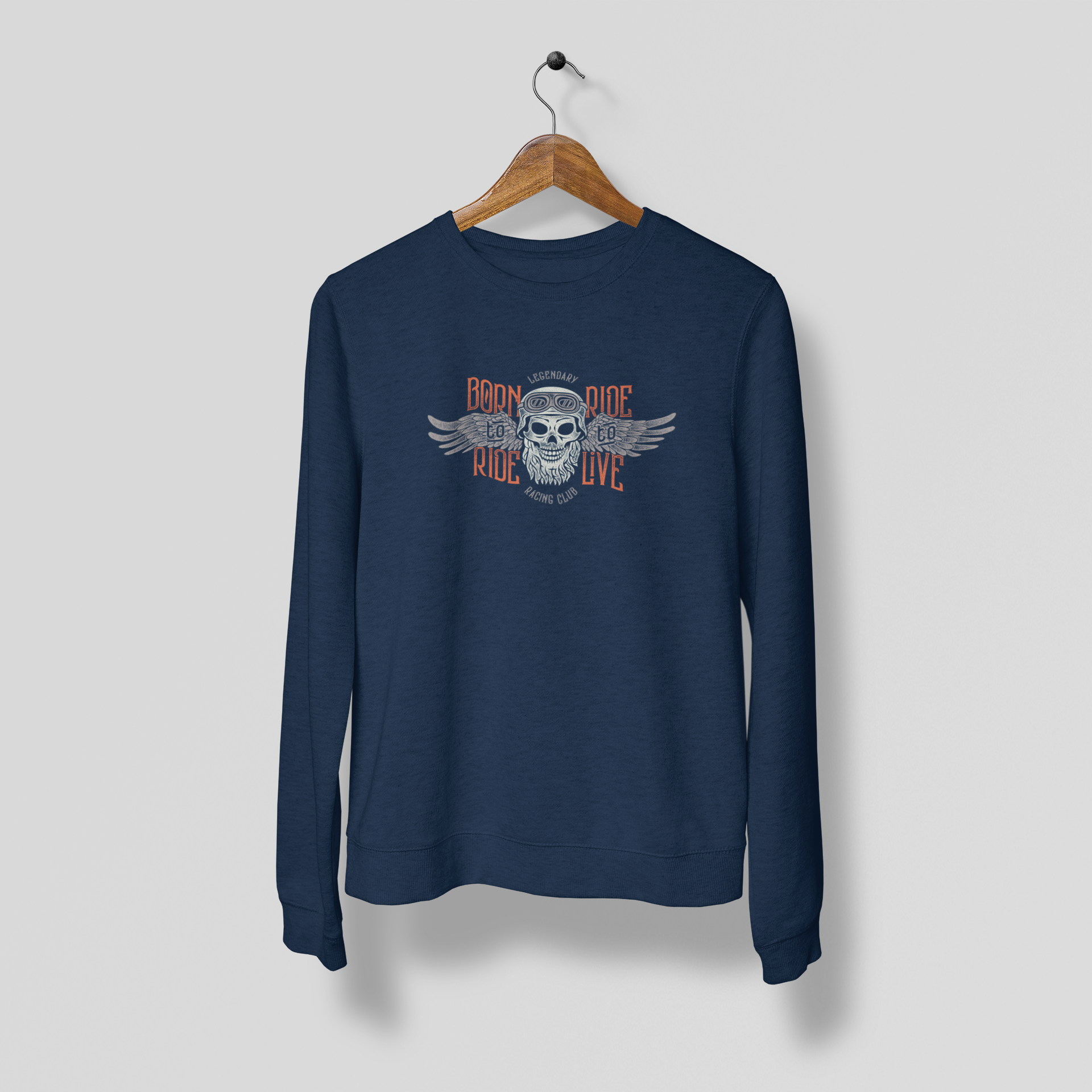 Skull & Wings Born to Ride Print Sweatshirt Navy