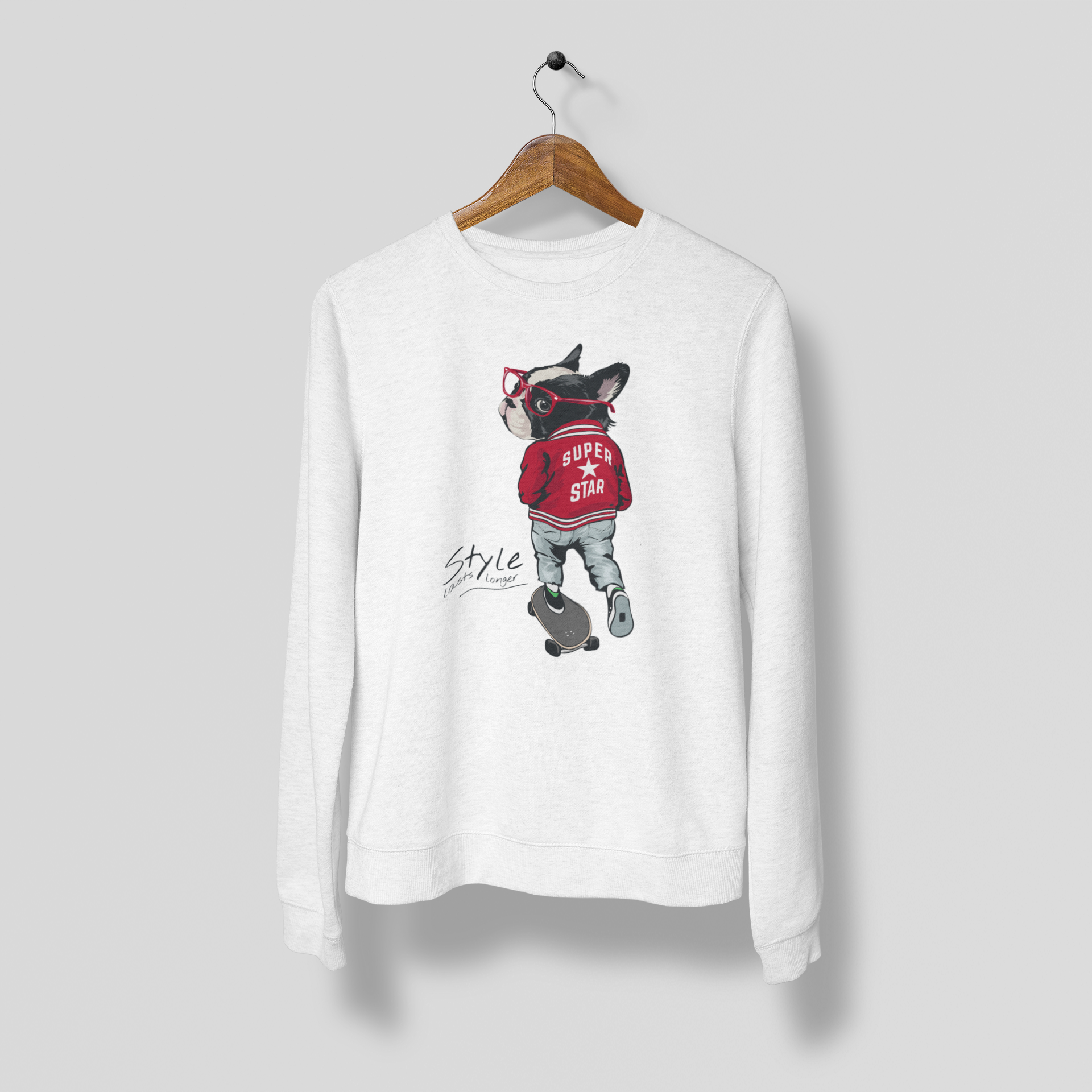 Cute Funny Skating Dog Print Sweatshirt White